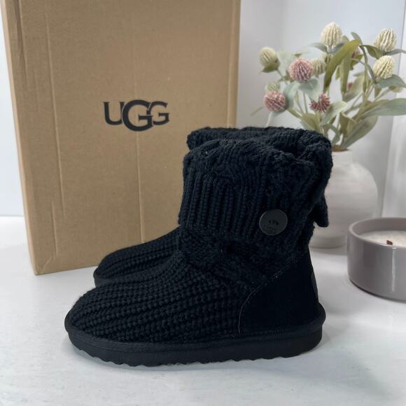 UGG Classic Cardi Cable Knit Boots Foldable Side Zip Black Kids 12 NWB - Picture 8 of 16